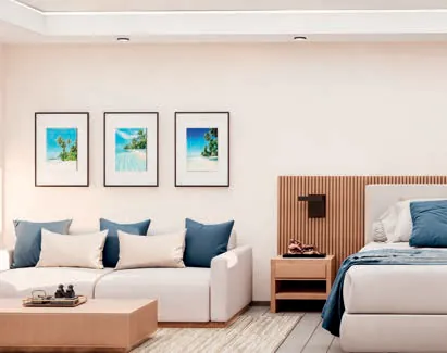 Render 3D del área de estar de la Suite Hotelera de Cruise On Land Punta Cana