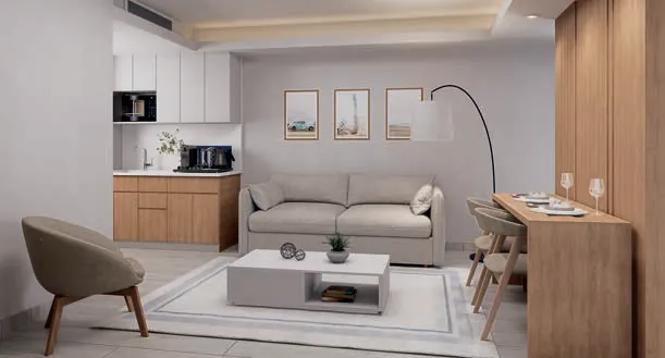 Render 3D de la sala de la Suite Hotelera Premium del Edificio 6 de Cruise On Land Punta Cana
