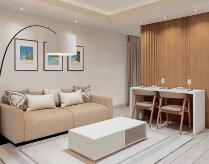 Render 3D de la sala y el comedor de la Suite Hotelera Premium de Cruise On Land Punta Cana