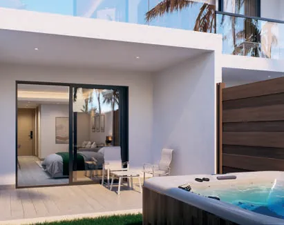 Render 3D del patio con jacuzzi de la Suite Hotelera Royal Deluxe de Cruise On Land Punta Cana