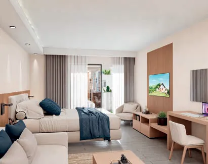 Render 3D de la sala y la cama de la Suite Hotelera de Cruise On Land Punta Cana