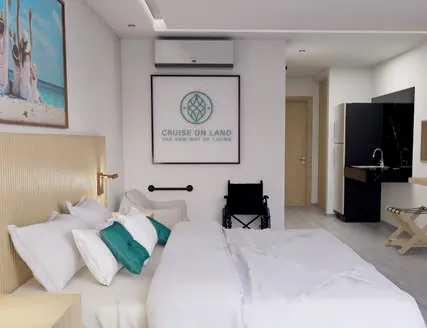Render 3D de la habitación de la suite de movilidad reducida de Cruise On Land Punta Cana