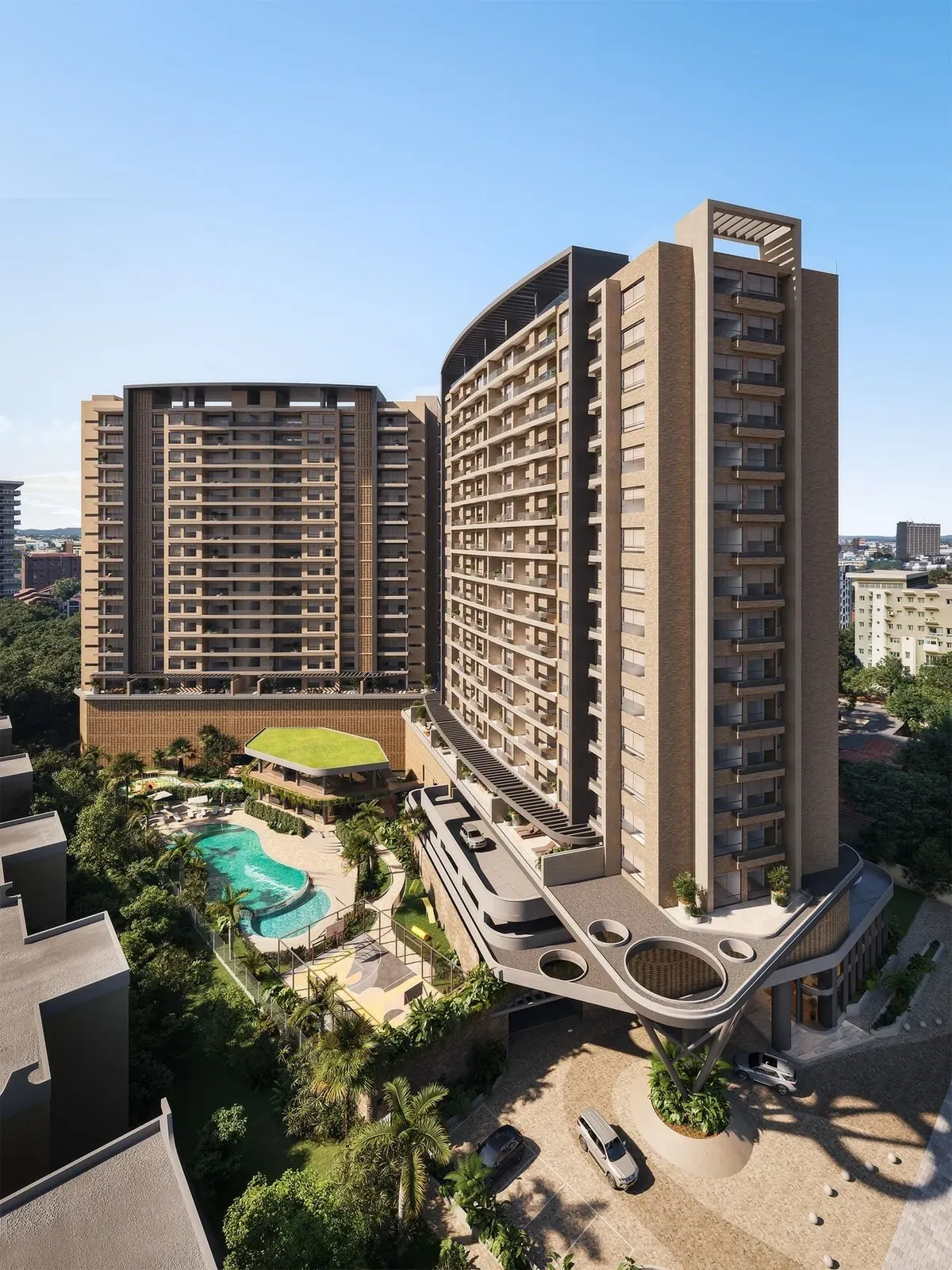 Render de Traventto Santo Domingo, dos torres de apartamentos con piscina y áreas verdes en la avenida Bolívar, La Esperilla