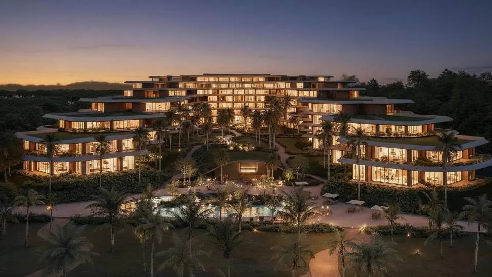 Render nocturno de Velavento Beach Apartments en Punta Bergantín, con terrazas escalonadas y piscina