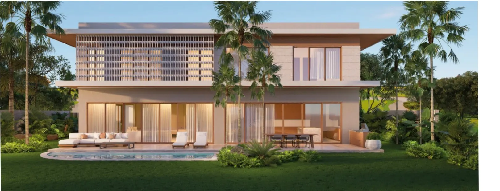 Render de una villa de dos niveles con piscina en Hacienda Serena, Punta Bergantín