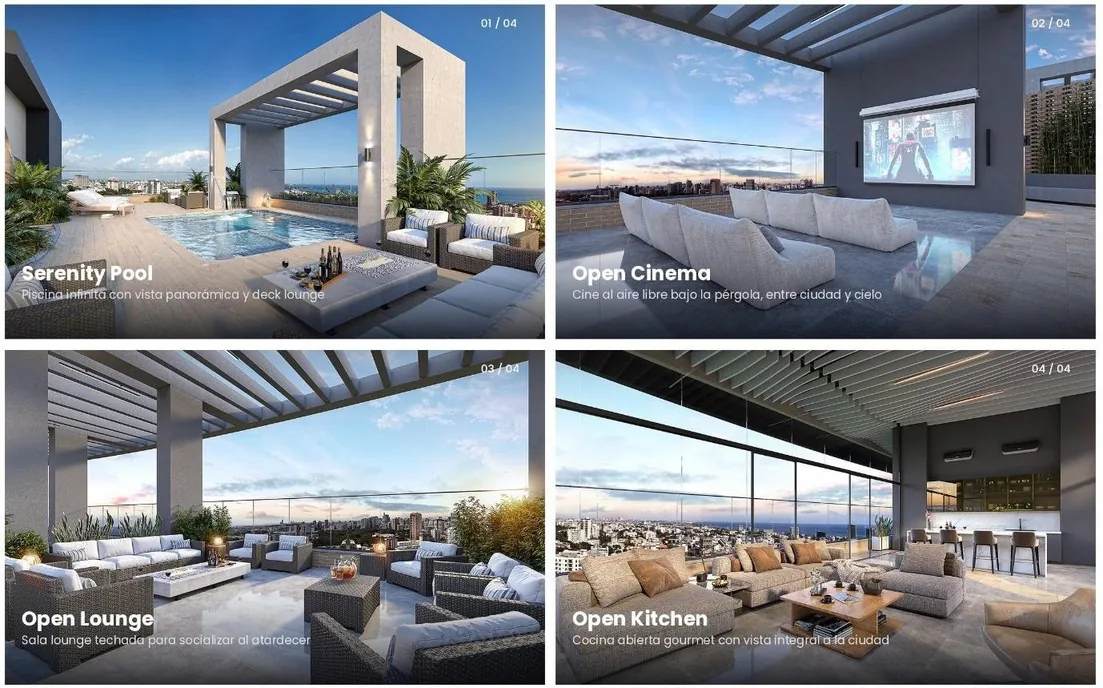 Rooftop Experience de Traventto Santo Domingo con piscina, Open Cinema, Open Lounge y open kitchen, render ilustrativo