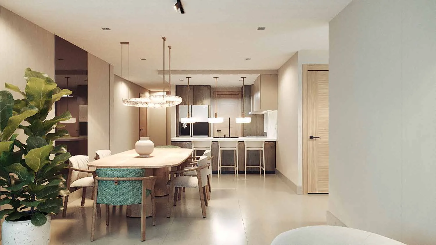Sala, cocina y comedor de un apartamento de Signature by Melcon, render con decoración de referencia
