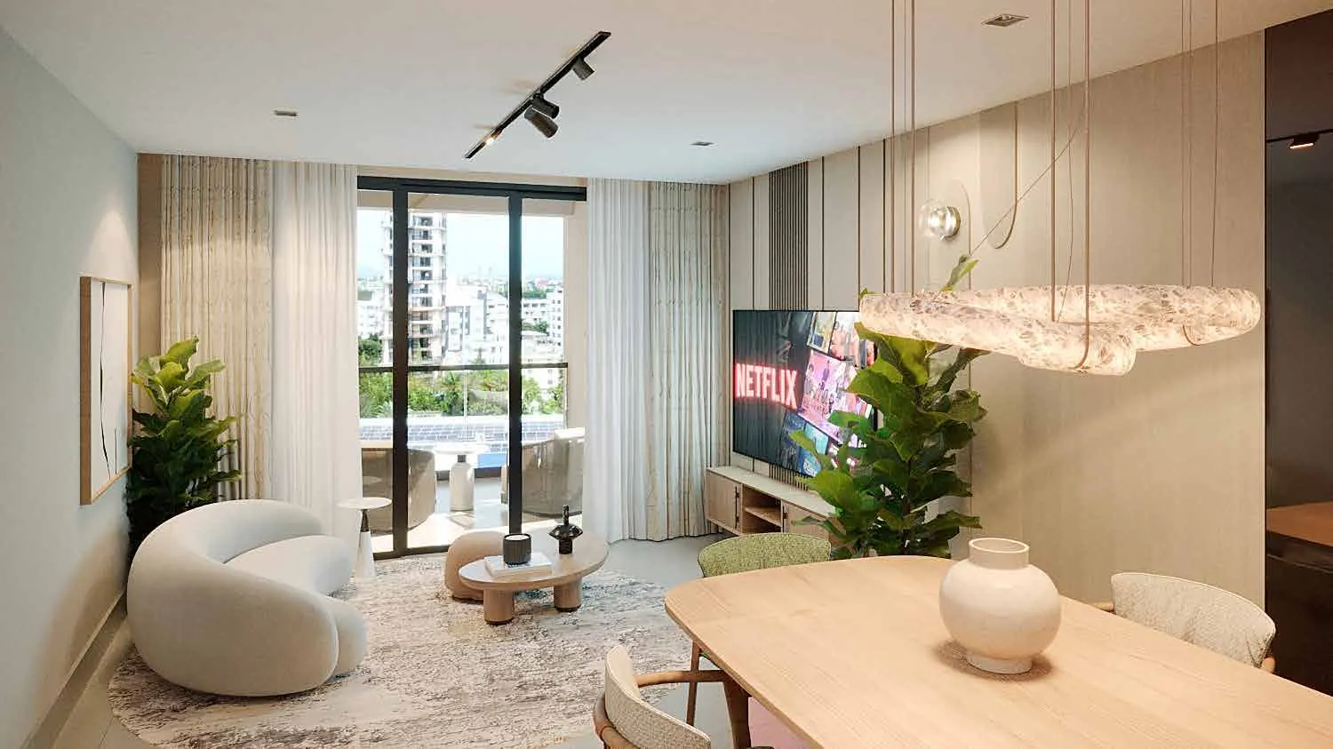 Sala y comedor de un apartamento de Signature by Melcon, render con decoración de referencia