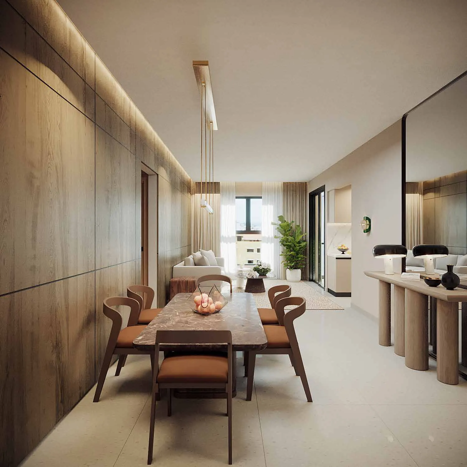 Sala y comedor de un apartamento de Signature by Melcon, render con decoración de referencia