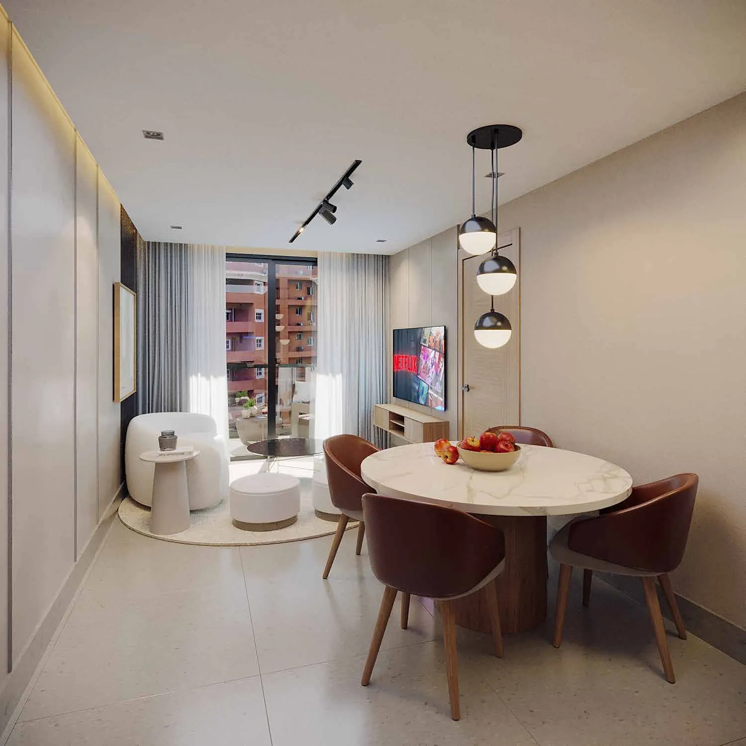 Sala y comedor de un apartamento de Signature by Melcon, render con decoración de referencia