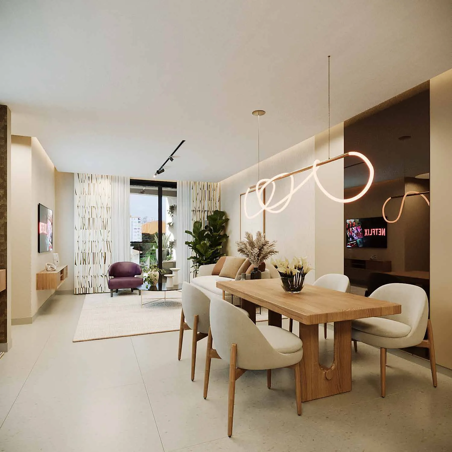 Sala y comedor de un apartamento de Signature by Melcon, render con decoración de referencia