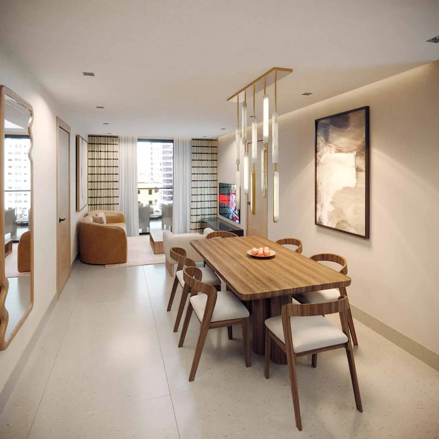 Sala y comedor de un apartamento de Signature by Melcon, render con decoración de referencia