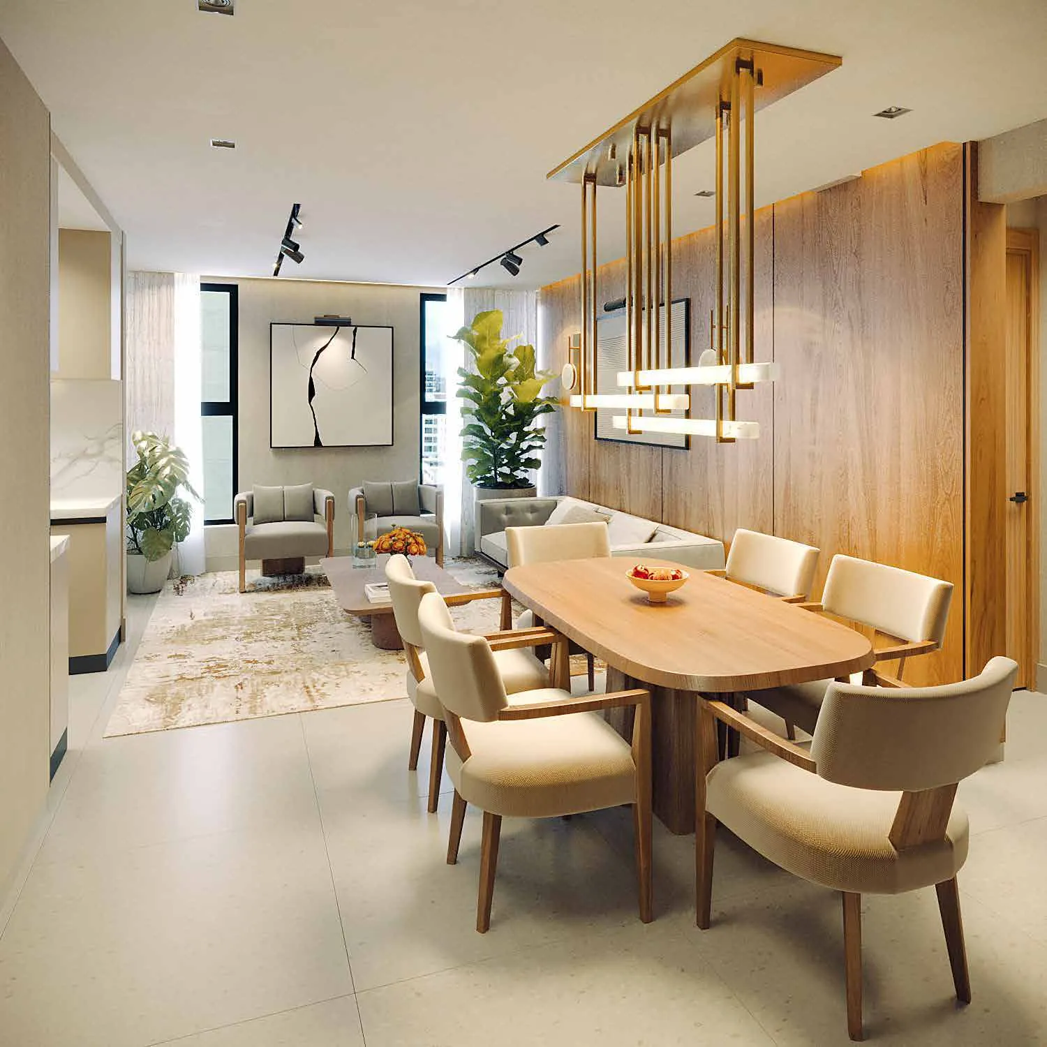 Sala y comedor de un apartamento de Signature by Melcon, render con decoración de referencia