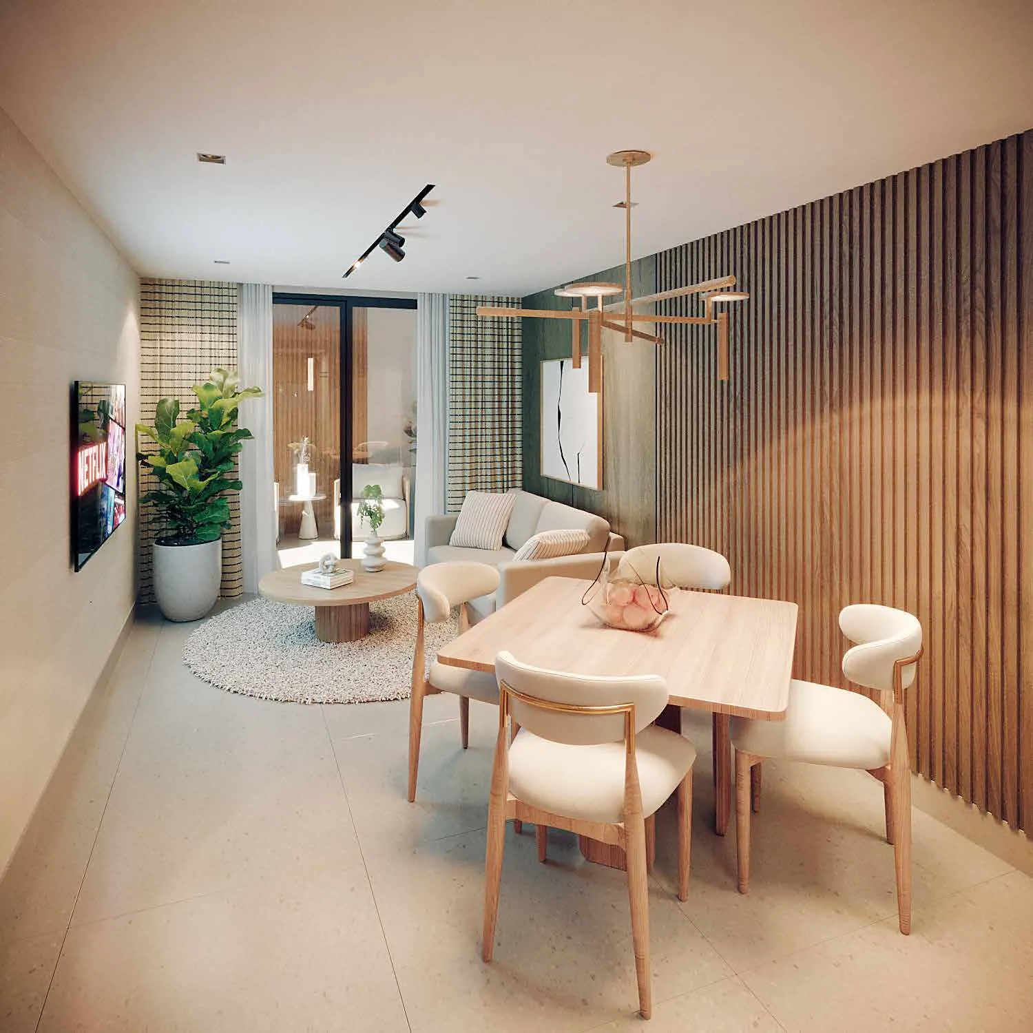 Sala y comedor de un apartamento de Signature by Melcon, render con decoración de referencia