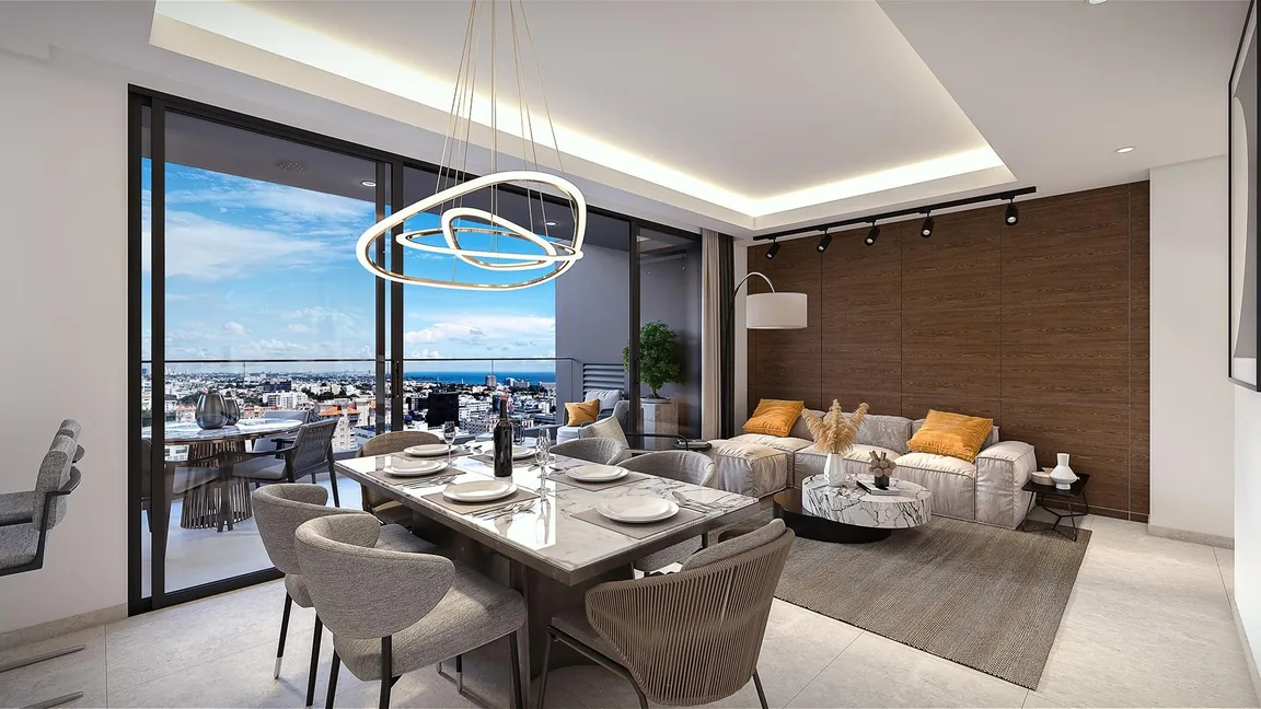 Sala comedor con vista al mar del apartamento tipo 07 de Traventto Santo Domingo, render ilustrativo