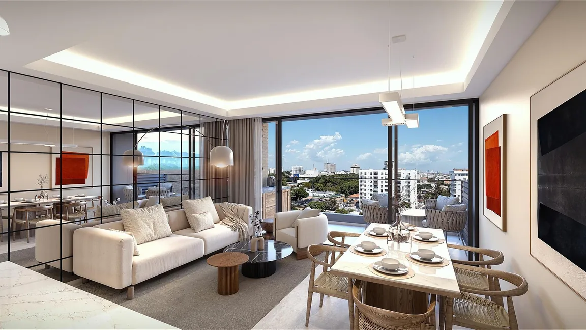 Sala comedor del apartamento tipo 08 de Traventto Santo Domingo, render ilustrativo