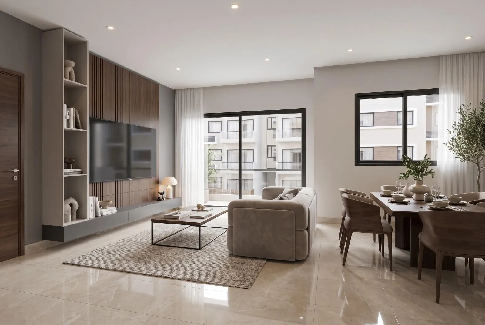 Sala y comedor de un apartamento de Brisas de las Colinas 8, render ilustrativo