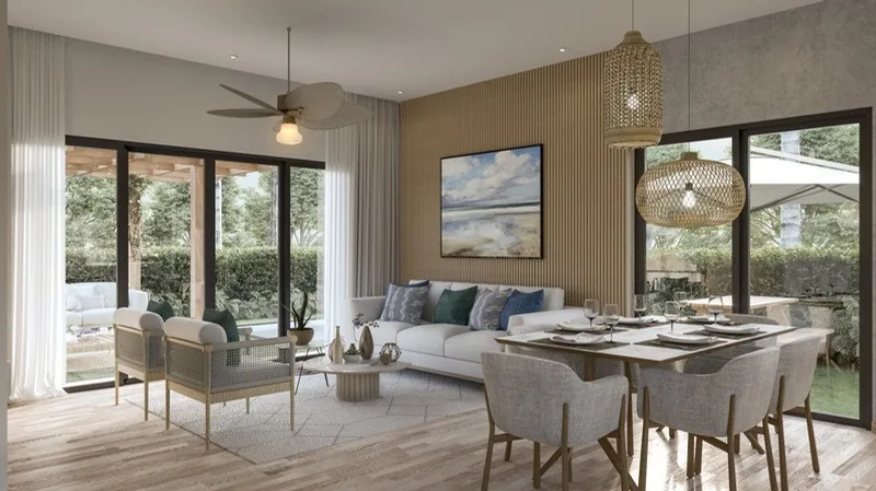 Allegra Park: villas duplex nuevas en el Residencial Bávaro-Punta Cana 16 Sala y comedor de la villa de 2 habitaciones de Allegra Park Punta Cana