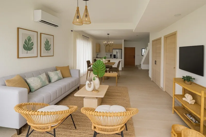 Allegra Park: villas duplex nuevas en el Residencial Bávaro-Punta Cana 19 Sala y comedor de la villa de 3 habitaciones de Allegra Park Punta Cana
