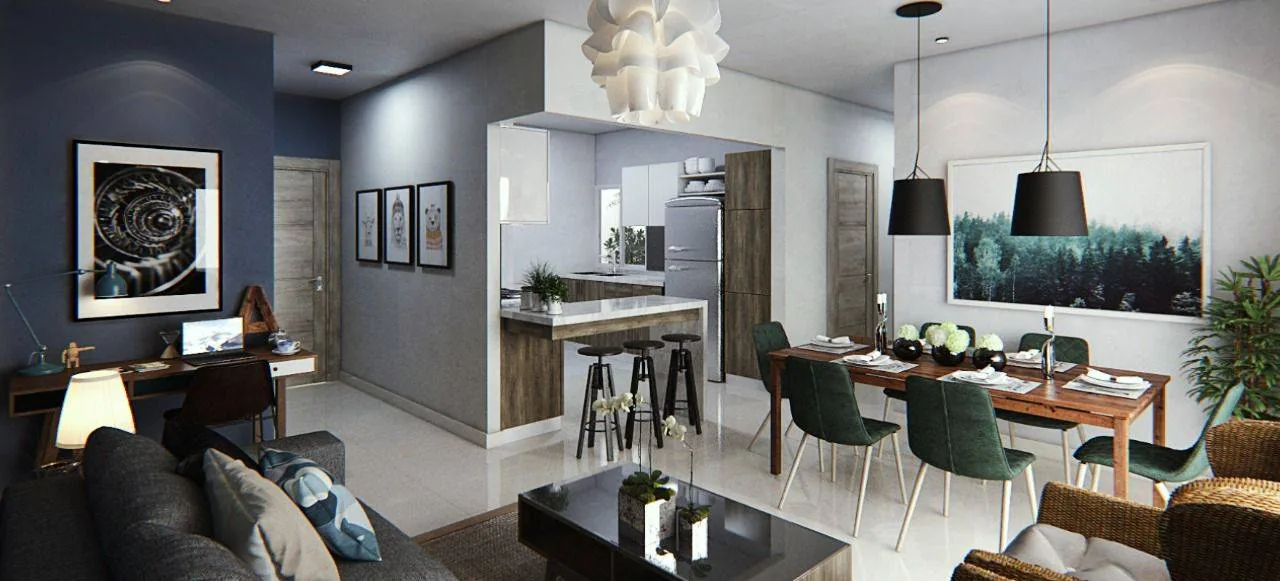 Sala, comedor y cocina con desayunador de un apartamento en Parque de las Colinas II
