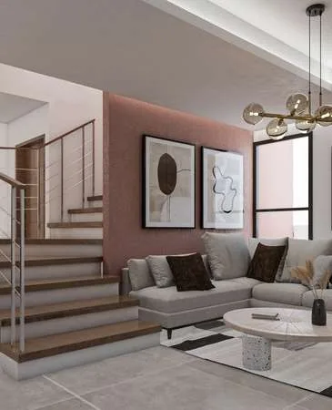 Sala familiar con escalera interior en Julio Adriano Residences