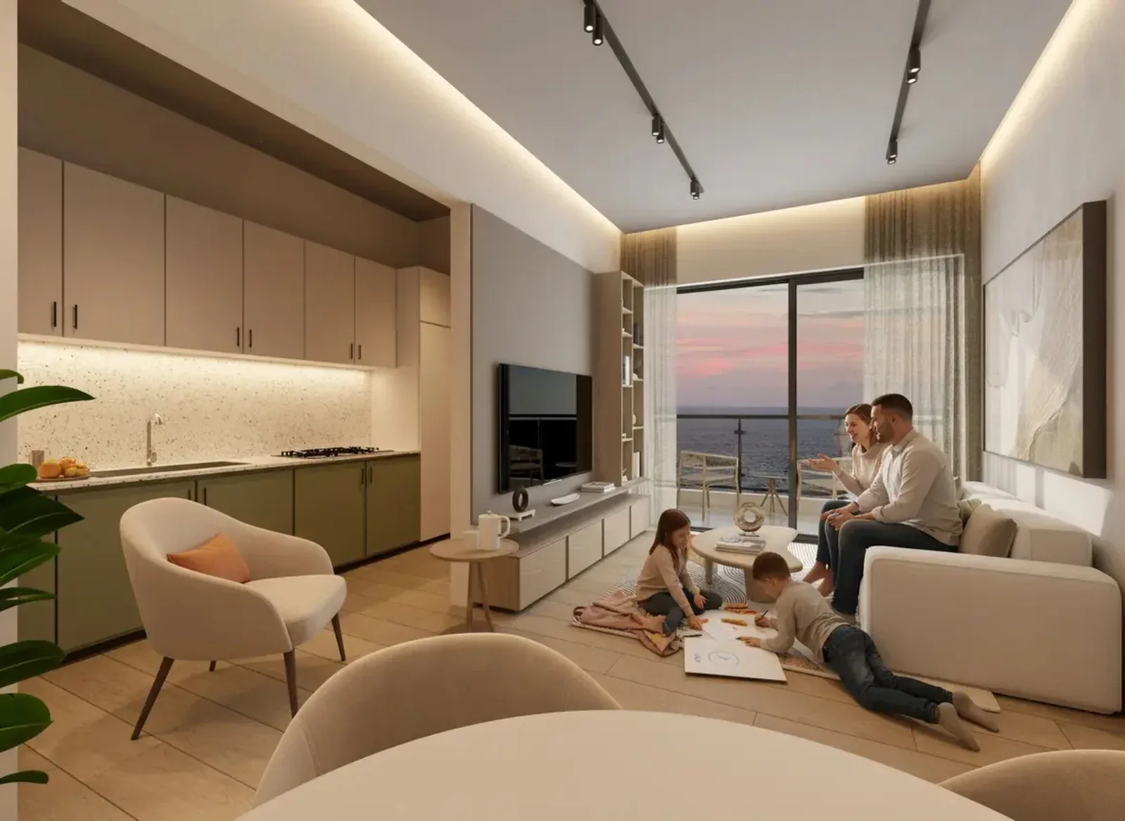 Render de sala familiar con cocina abierta y vista al mar en Civil Tower Oceance