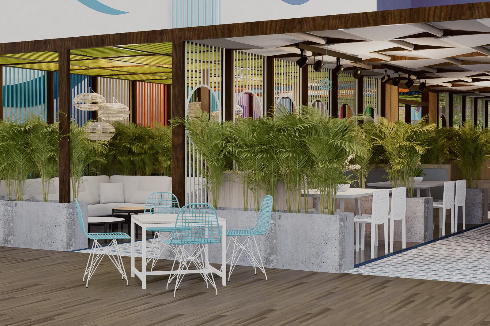 Comedor al aire libre en la terraza común de un condohotel de Cruise On Land