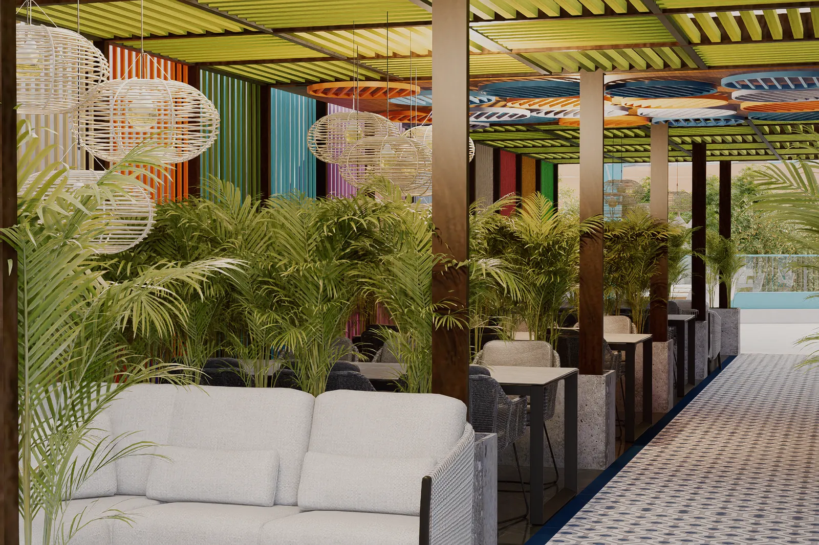Lounge con sofás en la terraza común de un condohotel de Cruise On Land