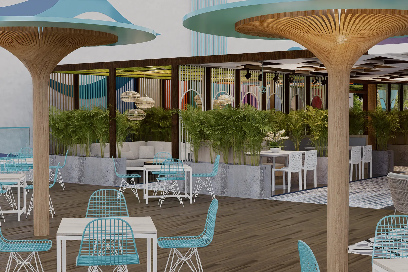 Pérgola con mesas y plantas en la terraza común de un condohotel de Cruise On Land