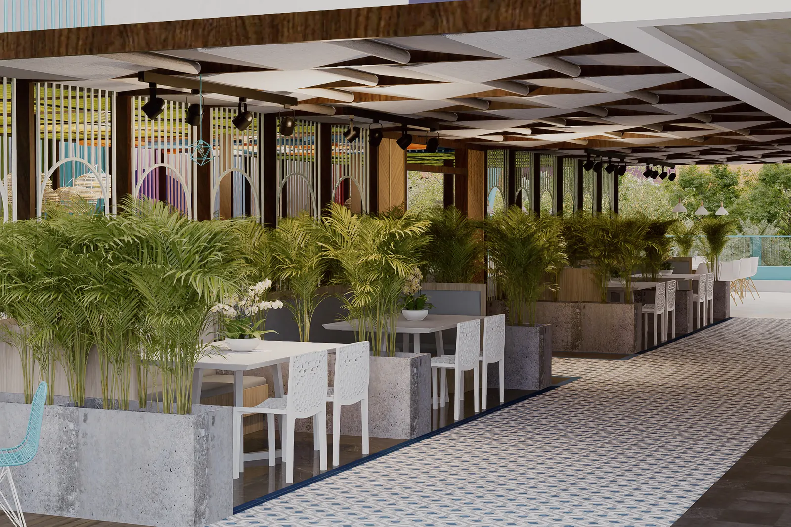 Terraza común en la azotea de un condohotel de Cruise On Land Punta Cana con mesas y vegetación