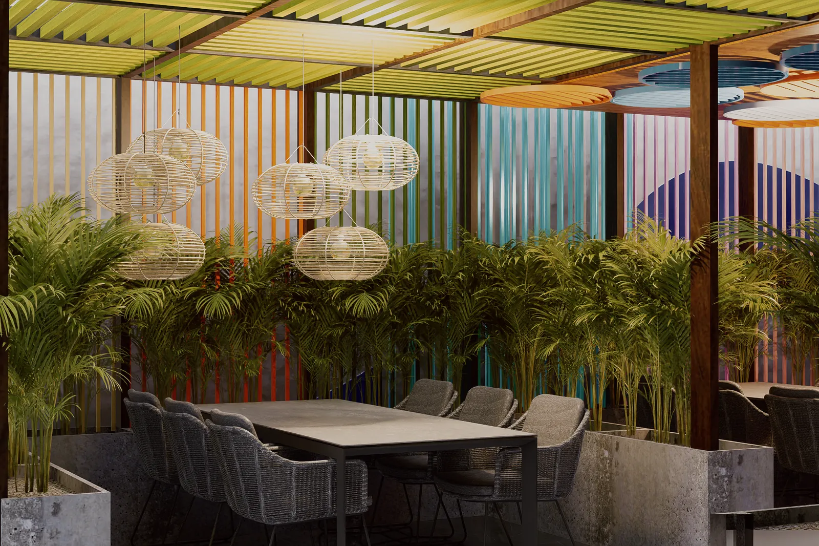 Sala exterior con sofás y lámparas colgantes en la terraza común de un condohotel de Cruise On Land
