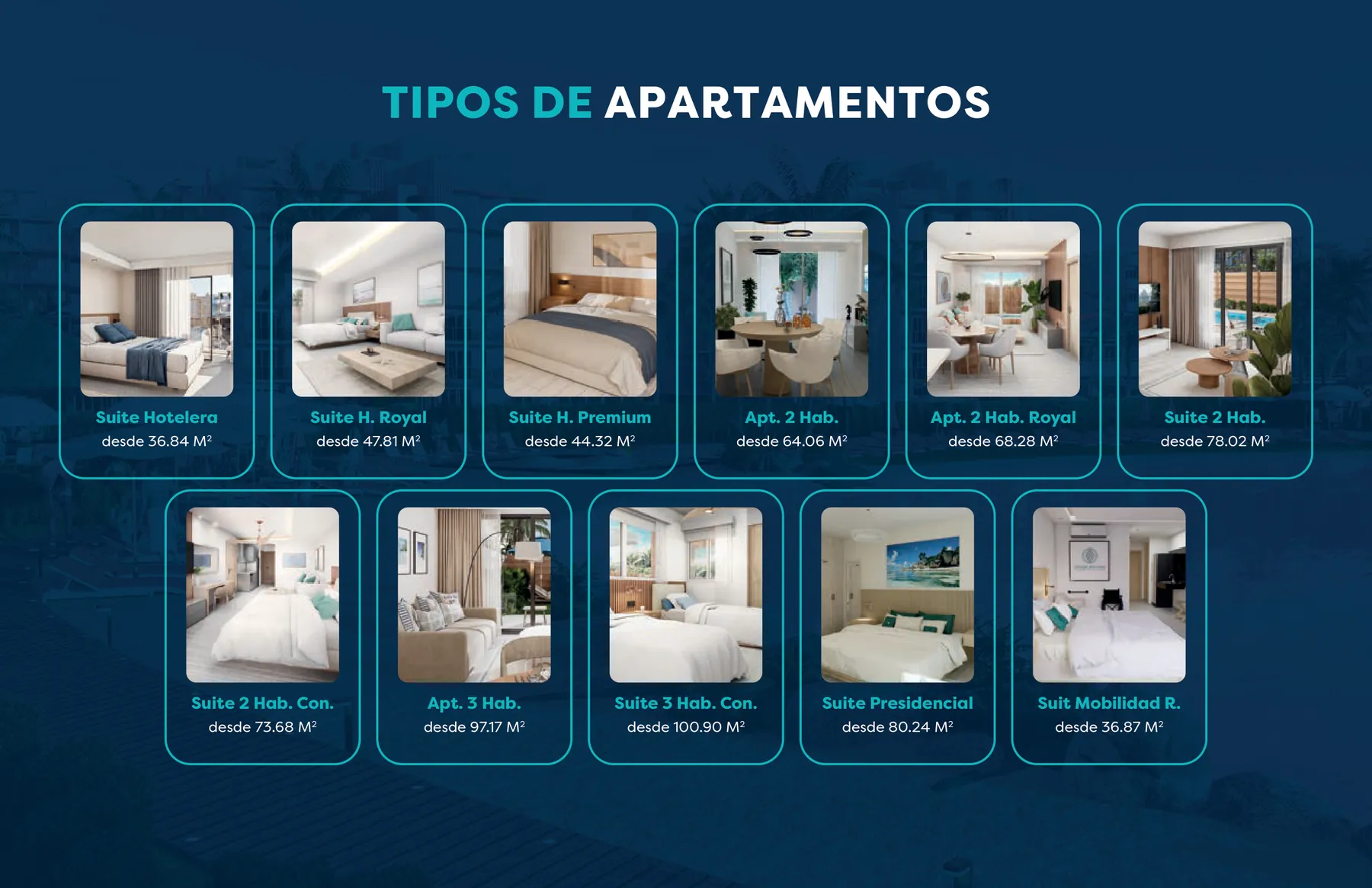 Lámina de los tipos de apartamentos de Cruise On Land Punta Cana, con la Suite Presidencial de 80.24 m²