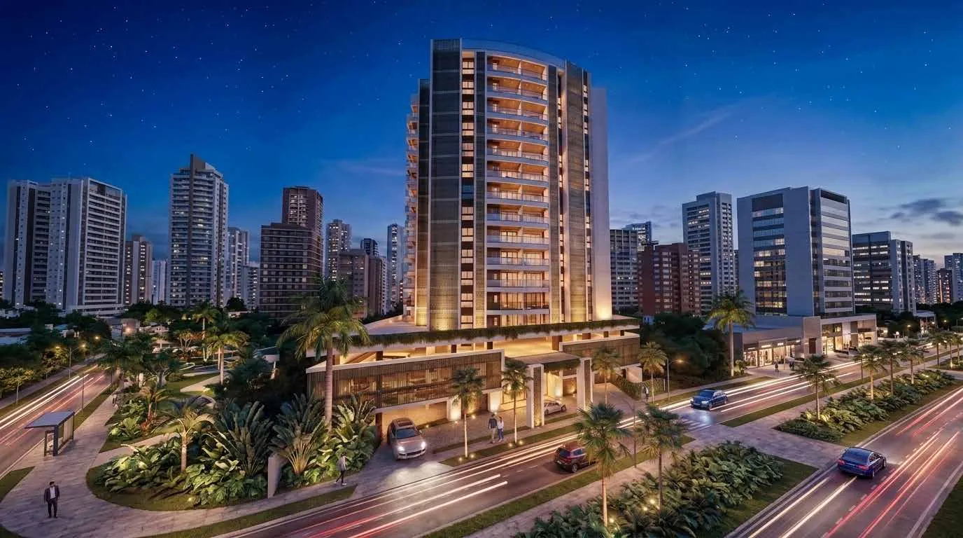 Torre Norte de Signature by Melcon iluminada de noche en La Esperilla, Santo Domingo