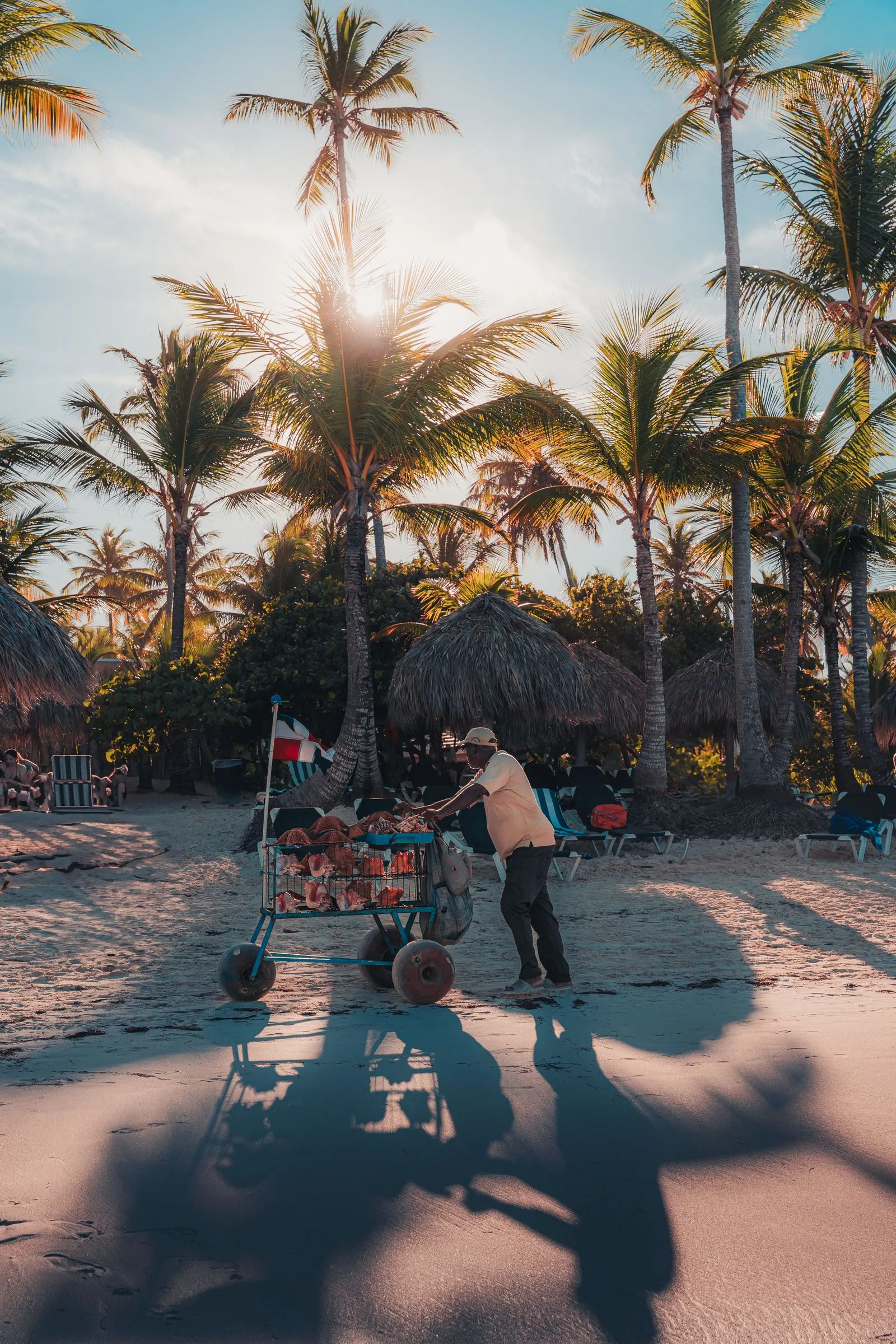 Vendedor con su carrito en una playa de Punta Cana bajo las palmeras, con ranchitos de cana al fondo