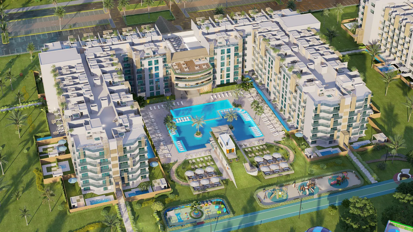 Vista aérea de un condohotel de Cruise On Land Punta Cana con piscinas y jardines
