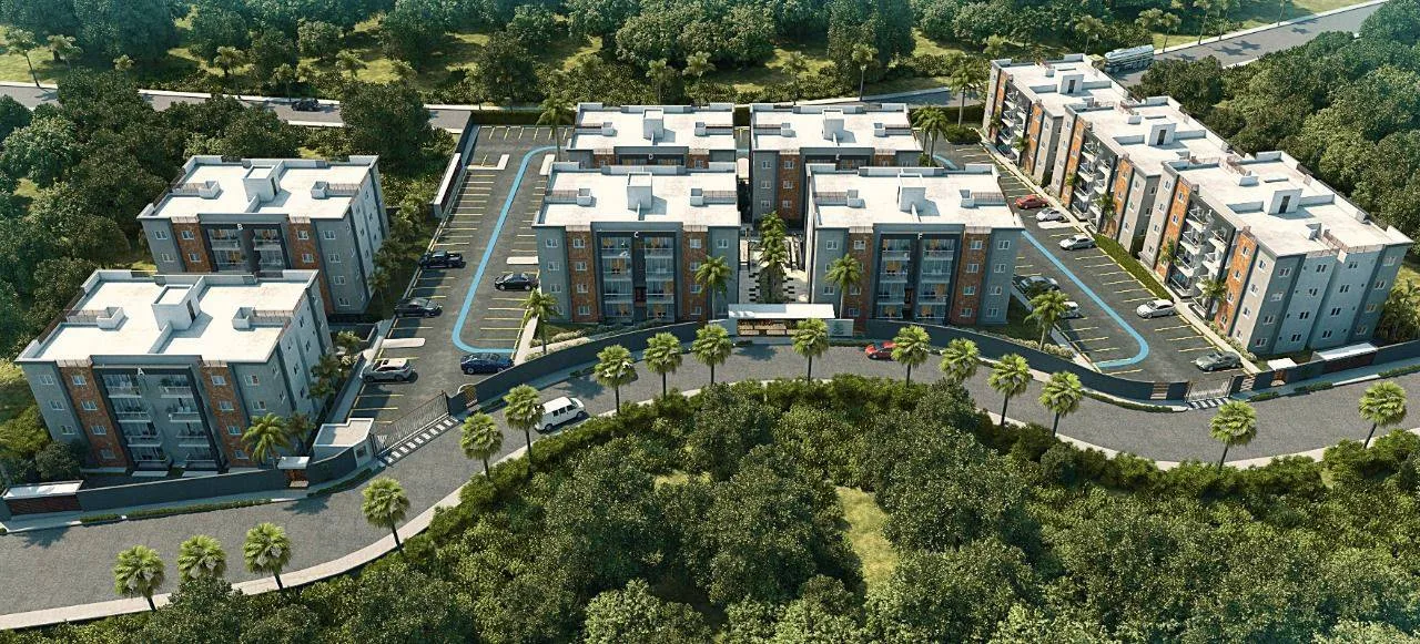 Vista aérea de los edificios de Parque de las Colinas II en Santo Domingo Norte