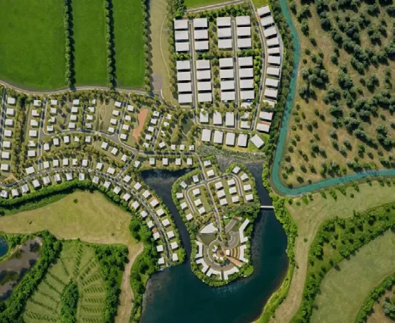 Vista aérea ilustrada de Hacienda Los Cerezos con villas junto al lago en Punta Bergantín