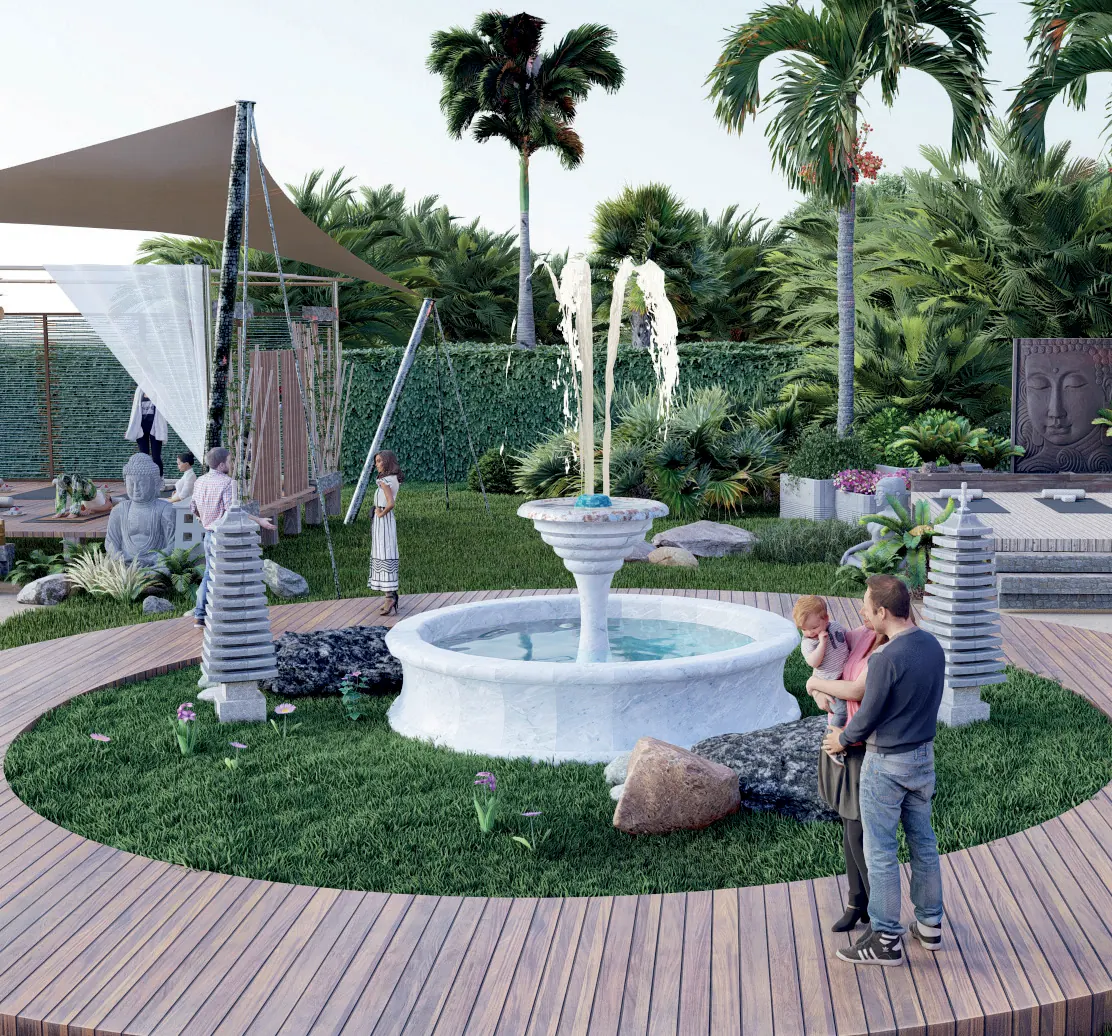 Zona de yoga al aire libre con fuente en Cruise On Land Punta Cana