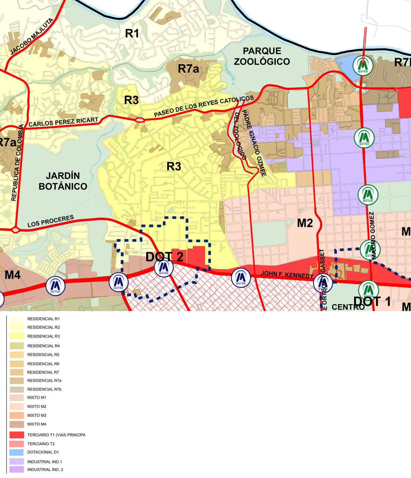 Mapa de zonas de uso de suelo del Plan de Ordenamiento Territorial D.N. 2030 alrededor de Viejo Arroyo Hondo, con la zona Residencial R3, los corredores T1 y la zona DOT 2 junto al metro